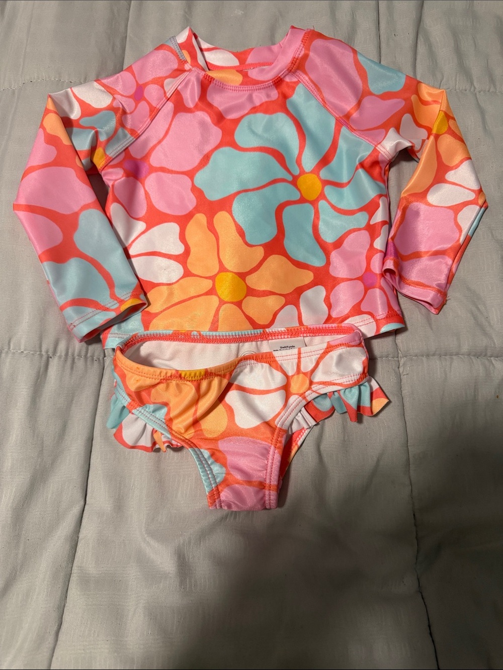 Kids Floral Long-Sleeve Rash Guard Swimsuit Set - Pink & Orange